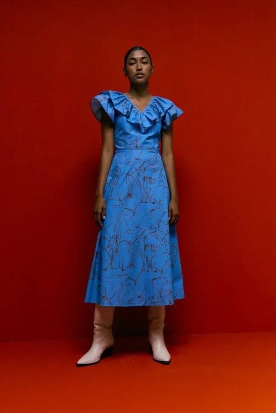 De Loreta Margarita Midi Dress Womens L Blue Caballos Azul Printed Horse Ruffle